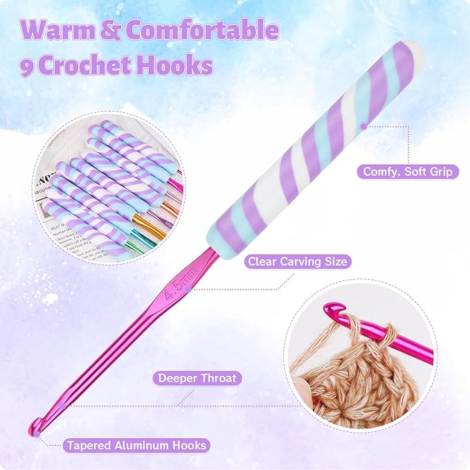 Coopay Warm Crochet Hooks Comfort Grip, Short Purple Ripple Art Handle for Beginners, Longer Aluminum Shaft Crochet Hook Set 2.0mm-6.0mm(B-J), Smooth Needles Set for Crocheting