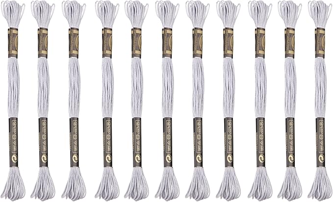 12 Skeins Embroidery Cotton Floss is 100% Egyptian Long Fiber Cotton of 8.75yds Each Cottons Cross Stitch Thread for Hand Embroidery DIY Creation and Friendship Bracelet String. (12, Light Grey)