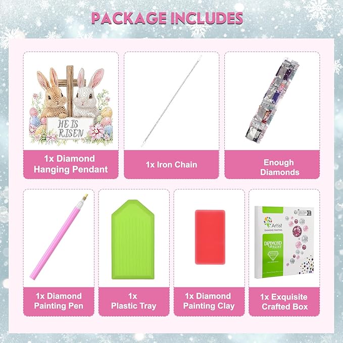 Happy Easter Bunny DIY Hanging Diamond Art Pendant Kit, Special Crystal Diamond Painting Ornament Kits for Adults Beginners, Double Sided Acrylic Board Gem Painting Box Kit, He Is Risen Funny Easter