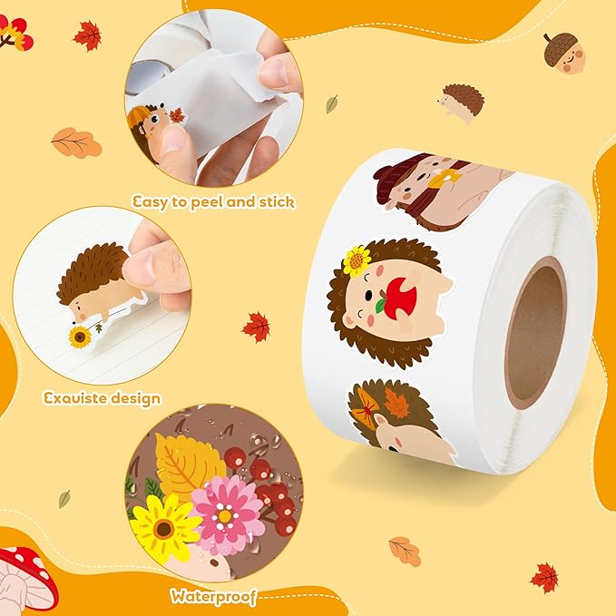 beyumi fall cute hedgehog sticker - 1000pcs fall hedgehog stickers in 2 rolls autumn thanksgiving adhesive kawaii animal decals fall holiday party favor supplies classroom office bottle decor for kids