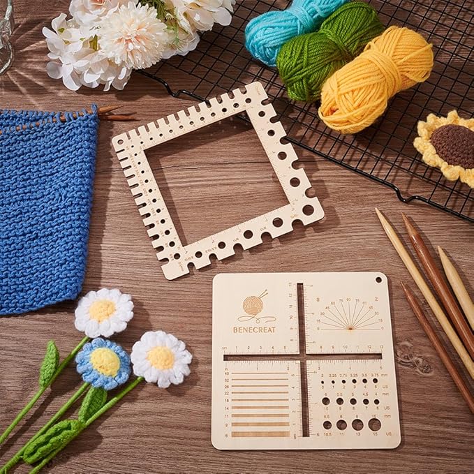 BENECREAT 2Pcs Wooden Swatch Gauge, Knitting Needle Gauge Rulers, Multifunction Knitting Tool for Counting Stitches, Spinners Yarn Measuring Crochet Accessories