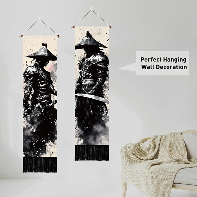 PLIGREAT 2 Pack Ink Style Tapestry Japanese Samurai Vertical Wall Hanging with Tassels Black Aesthetic Wall Tapestry for Bedroom Living Room Dormitory Backdrop Home Art Decor, 52"x13"