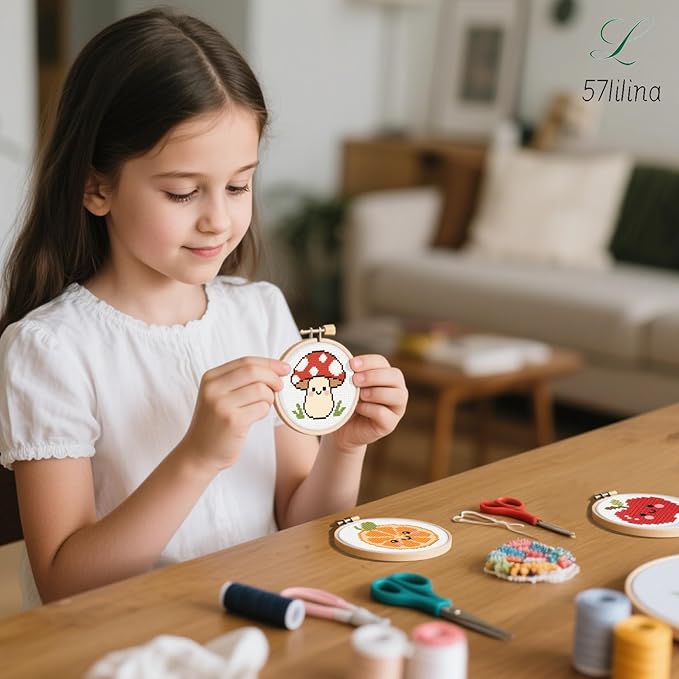 57lilina Cross Stitch Kits for Kids - 6 Set Easy Beginners Embroidery Kit for Kids, DIY Cute Pre Printed Stamped Crossstitch Needlepoint Patterns Craft for Backpack Charms, Keychains & Girls Gifts