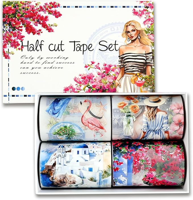 Dizdkizd Die Cut PET Tape Set, 4 Rolls Greece Vacation and Floral Tapes Stickers for Scrapbooking, Travel Journals, Collages, Planners, Blue