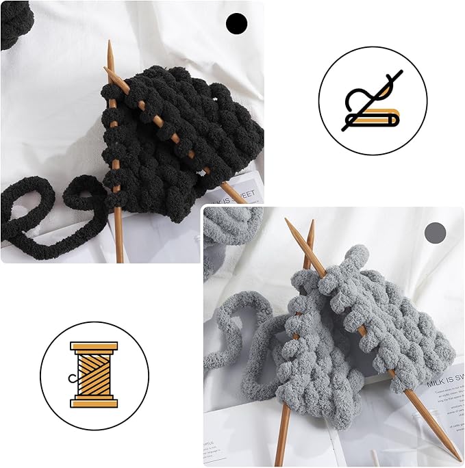 MABOZOO Assorted Chunky Yarn for Crocheting 8 Pack,Fluffy Jumbo Chenille Yarn,Soft Plush Yarn Bulky,Giant Thick Fuzzy Yarn for Hand or Arm Knitting,Black & Medium Grey(31.7 yds,8 oz Each Skein)