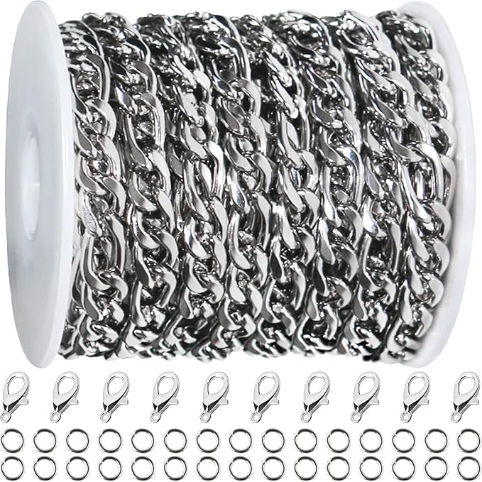 jishi 16ft figaro chain roll 6mm silver stainless steel necklace chain for jewelry making,diy mens&womens necklace bracelet crafts supplies findings,metal figaro link chain w/lobster clasps,jump rings