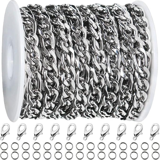 jishi 16ft figaro chain roll 6mm silver stainless steel necklace chain for jewelry making,diy mens&womens necklace bracelet crafts supplies findings,metal figaro link chain w/lobster clasps,jump rings