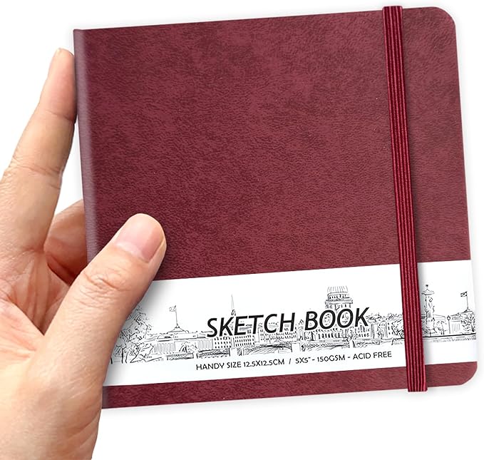 5" x 5" Hardcover Sketch Book,Small Mixed Media Sketch Pad,58 Sheets 150GSM Acid-Free Artist Drawing Paper,Travel Journal Blank Notebook for Adults Painting,Illustration,Art Supplies.Wine Red
