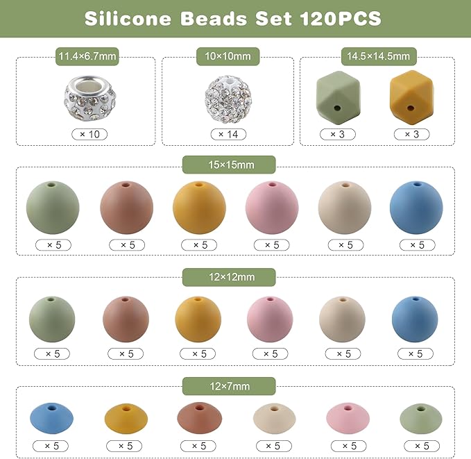 120Pcs Multicolor 12mm 15mm Silicone Beads for Keychain Making, 14mm Hexagon Beads Rhinestone Round Spacer 10mm for DIY Handicrafts(Mustard)