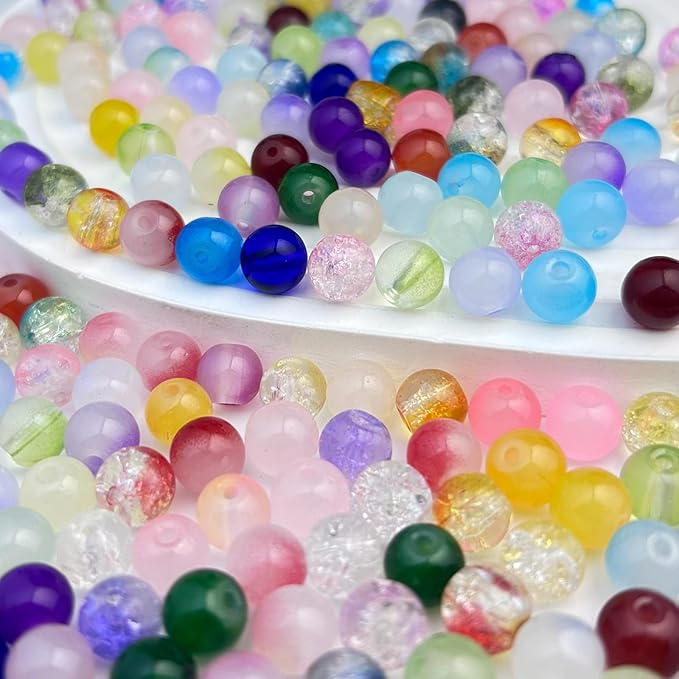 300pcs 6mm Glass Beads, Assorted Glass Beads for Jewelry Making, Colorful Round Spacer Crackle Bead Kit for Bracelet Necklace DIY Craft