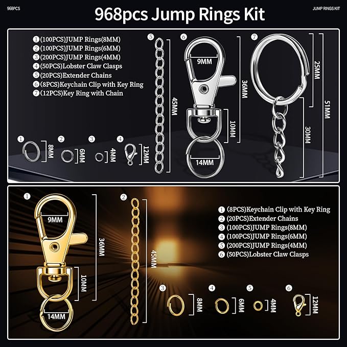 LEOBRO 968pcs Keychain Making Kit, Keychain Clip and Key Ring, Jump Rings for Jewelry Making, Lobster Claw Clasp, Key Chain Making Kit, for Keychains, Jewelry, Purse Making