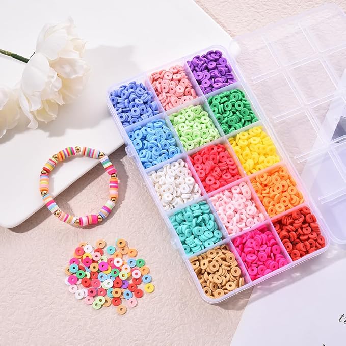 15 Colors 2250 Pcs Clay Beads Kit for Bracelets Making, Flat Round Polymer Spacer heishi Clay Beads for Craft and Jewelry Making