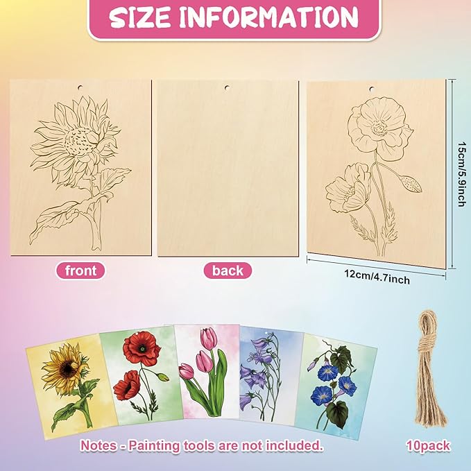 COCHIE 10 Pieces Large Flowers Unfinished Wood Crafts to Paint for Adults, Bulk Predrilled Wooden Ornaments for Painting, Tulips Flower Paintable Wood Slices Craft Supplies with Ropes