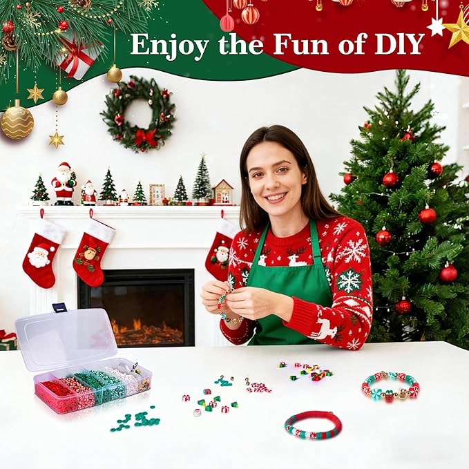Clay Beads Christmas Bracelet Making Kit – 5000PCS Premium Red Green White Heishi Beads Set with 30 Xmas Charms, Gold Spacers and Elastic Cord for DIY Holiday Jewelry Crafts & Festive Gifts