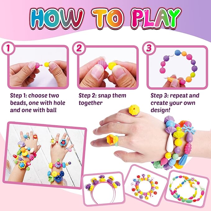 850pcs pop beads - jewelry making kit for 3 4 5 6 7 8 year old little girls, arts and crafts toys for kids, necklace bracelet ring hairband creativity snap set birthday valentines day gifts for kids