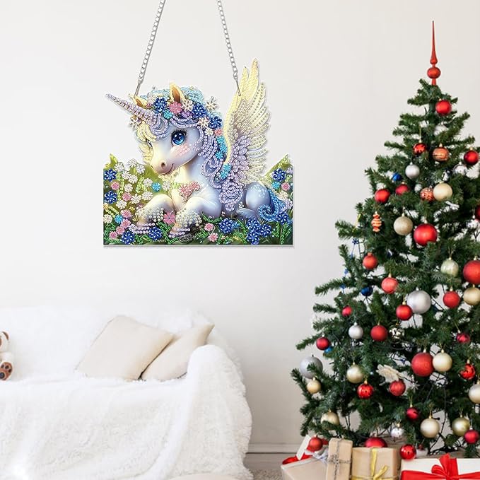 Miwixy Unicorn Hanging Diamond Art Kits for Adults,Flowers Special Shaped Crystal Christmas Diamond Painting Ornament Kit DIY Double-Sided Pattern Window Pendant Gem Art Kit for Home Wall Decor