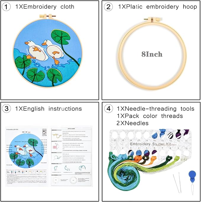 Duck Hand Embroidery Kits for Beginners Adults, Animal DIY Embroidery Starter Kit, Stamped Cross Stitch Kits for Beginner Craft Kits for Adult Women, Entire Set of Embroidery Supplies & Video Tutorial