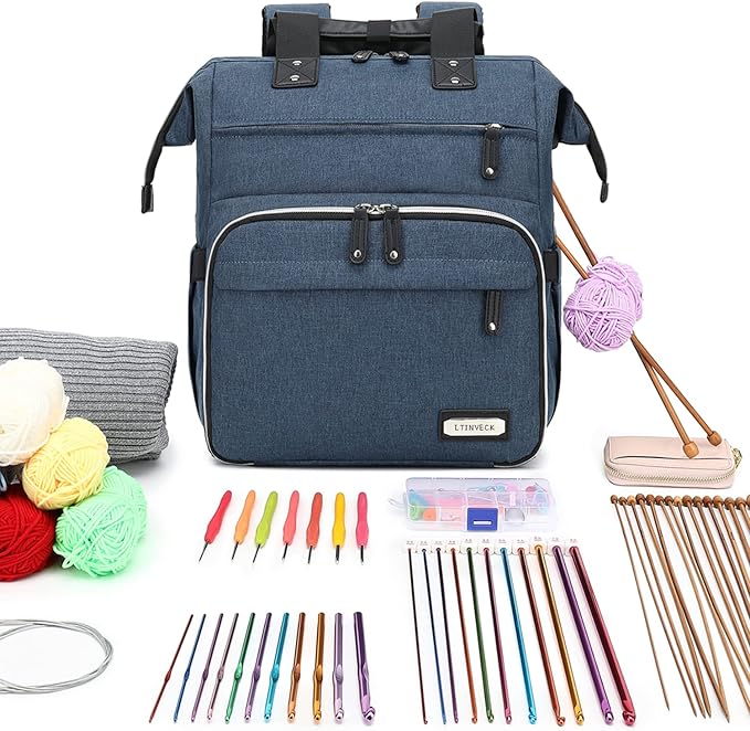 LTINVECK Crochet Backpack,Knitting Bag Backpack Yarn Storage Organizer Travel Crochet Bag,Large Yarn Tote Bag Yarn Holder Case for Knitting Needles,Crochet Hooks,Crochet Accessories,Blue