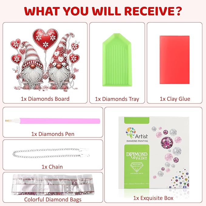 MEIYUDA Valentine's Day Diamond Painting Pendant Kits, DIY Love Gnomes Diamond Art Window Hanging Ornament for Adults, 5D Special Shape Rhinestone Pendant for Home Decoration