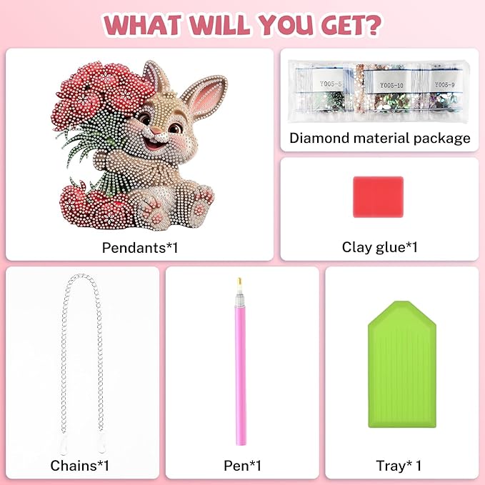 Bowetile Rabbit Diamond Art Hanging Kits for Adults, Diamond Art Suncatchers Bunny, 5D Special Shape Diamond Painting Flowers Pendant Window Ornament Easter Gifts for Home Wall Decor