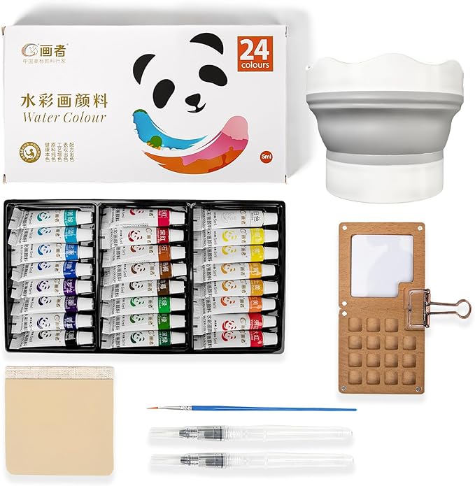 GXJF 24 Colors Portable Watercolor Travel Set, Magnetic Folding Wooden Palette with Refillable Water Brushes & Cotton Sketchbook, Non-Toxic Watercolor Kit for Beginners, Artists & Kids, Ideal for Outdoor Sketching & Travel Painting