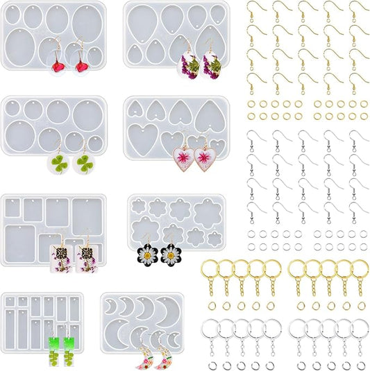 RESIN GO Resin Jewelry Molds, 128 Pcs Multiple UV Resin Earring Mold with Holes, Basic Epoxy Keychain Kits Bundle Complete Set, Necklace Pendant Moldes para Resina Epoxica for Female