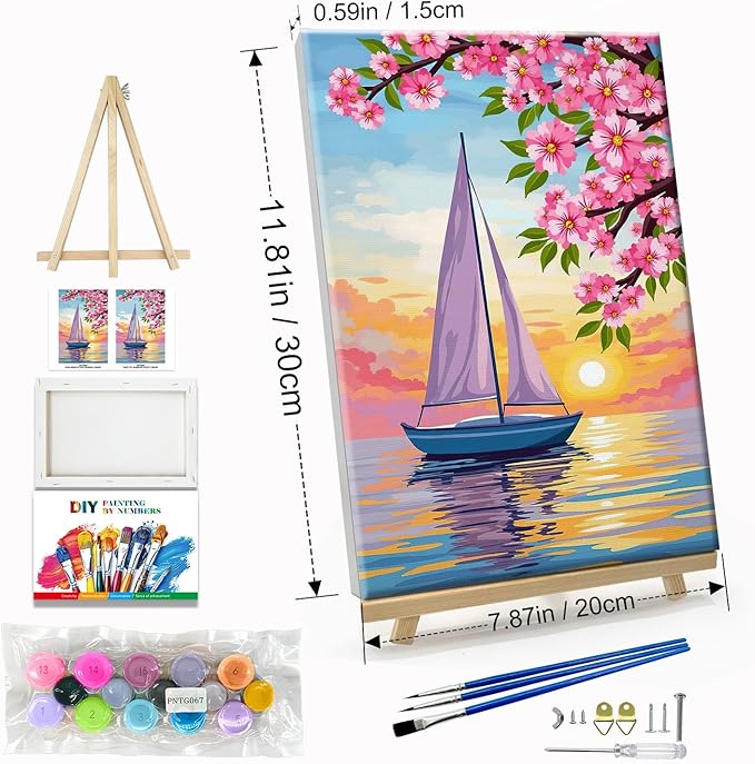 JOOZ Sailboat Paint by Numbers Kit for Adults with Frame Sunset Paint by Number with Easel Flowers Adult Paint by Number Kits Framed Canvas Oil Painting Kits for Home Wall Decor 8x12 Inch