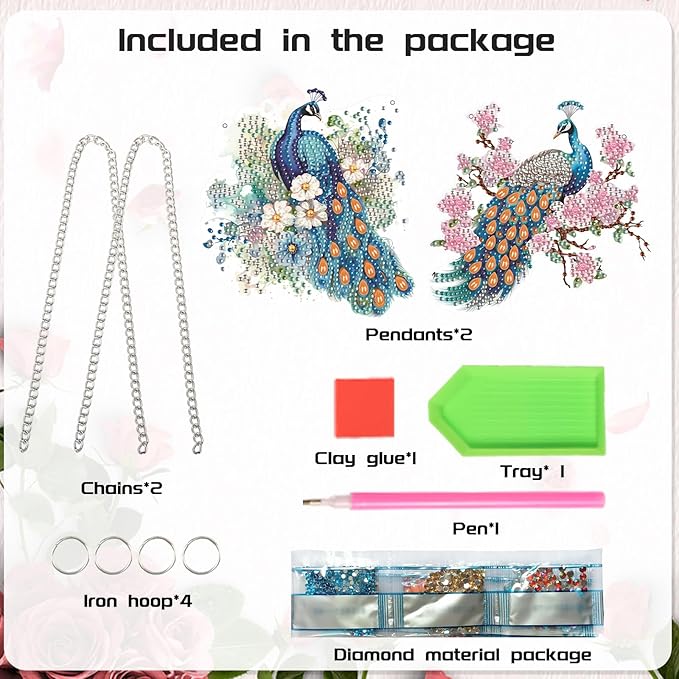 2 Pack Diamond Painting Peacock Hanging Ornaments – DIY Crystal Art Sun Catcher Kit for Window, Wall or Car – Elegant Decorative Gift for Women, Nature & Bird Lovers
