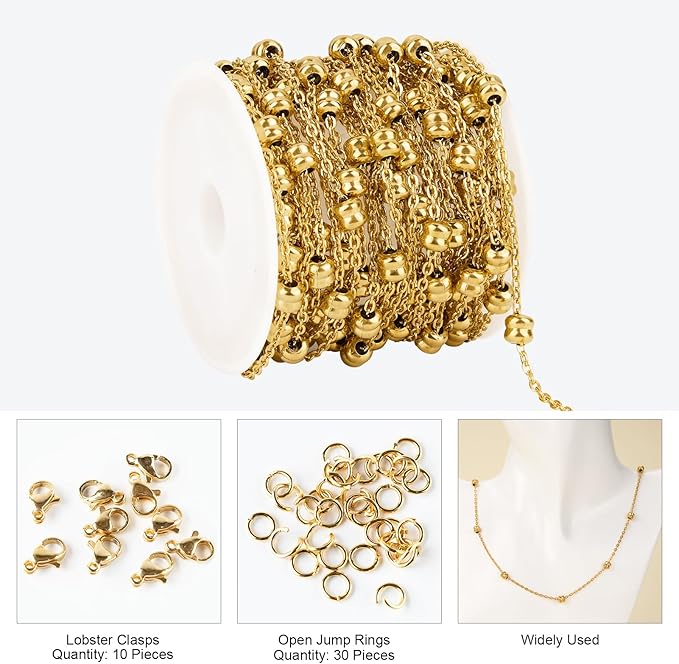Kyutong 5 Meters Gold Plated Chain for Jewelry Making Thin Cable Links Beaded Jewelry Chains with Connector for Necklace Bracelet Crafts DIY