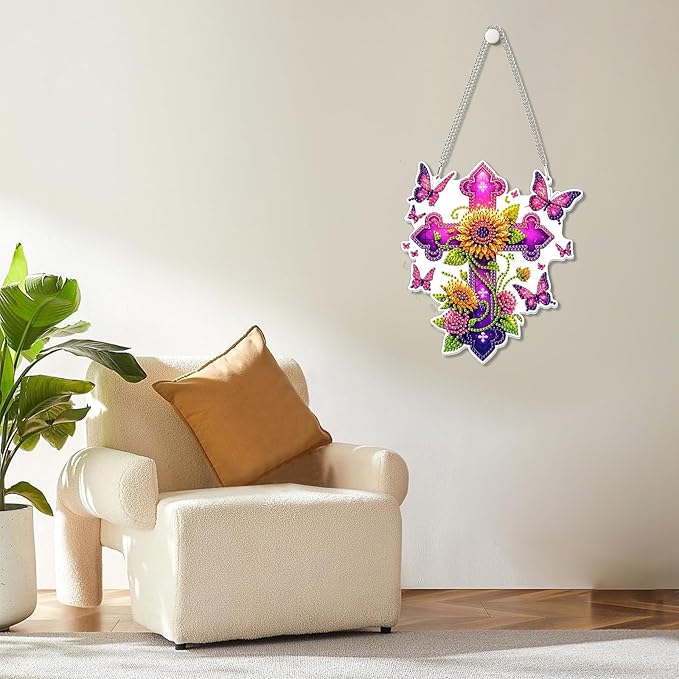 MOGTAA Easter Hanging Diamond Art Pendant Kits, 5D Cross Flowers Diamond Painting Kits for Adults, DIY Butterfly Diamond Painting Kits Special Crystal Gem Art for Home Decor