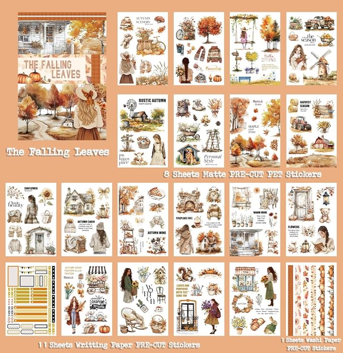 Cozy Autumn Journaling Sticker Book, 20 Sheets Pe-Cut PET, Washi Tape, and Craft Paper Stickers for Junk Journal Supplies, Aesthetic Fall Stickers for Bujo, Collage, Scrapbook Supplies