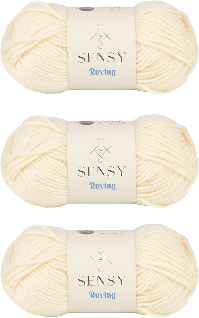 3 Skeins of Sensy Roving Yarn, 3.5 oz, 132 Yards, Gauge 5 Bulky (Creamy)