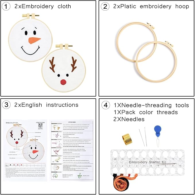 Christmas Embroidery Kits for Beginners Adults, Cute Embroidery Christmas Ornament Kits, Xmas Cross Stitch Kits for Beginners Craft Kits for Adults Women, 2 Sets Embroidery Hoops & Video Tutorial