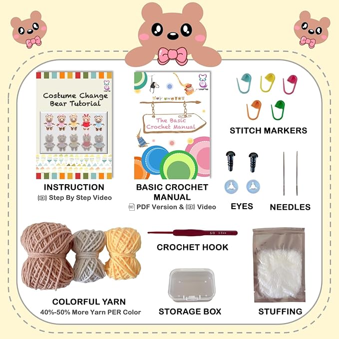 LoopMap Amigurumi Crochet Kit for Beginners with Removable Dress & Video Tutorials, DIY Bear Making Kit Includes Premium Yarn & Tools, Creative Gift for Adults Teens (Yellow)