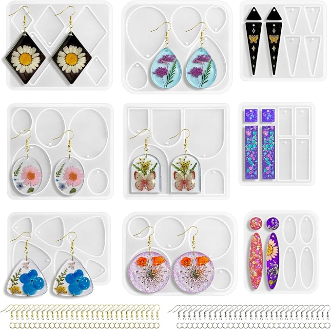 Roxjaejae 129 PCS Resin Earring Molds Silicone Kit, Resin Jewelry Molds with Built-in Holes for Earrings, Necklace, Pendants, Keychains