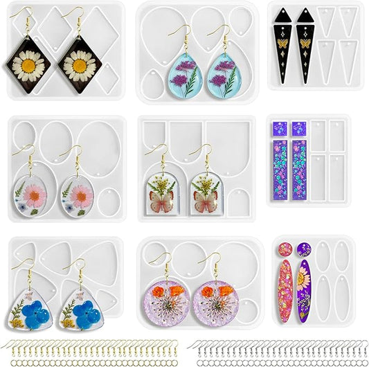 Roxjaejae 129 PCS Resin Earring Molds Silicone Kit, Resin Jewelry Molds with Built-in Holes for Earrings, Necklace, Pendants, Keychains