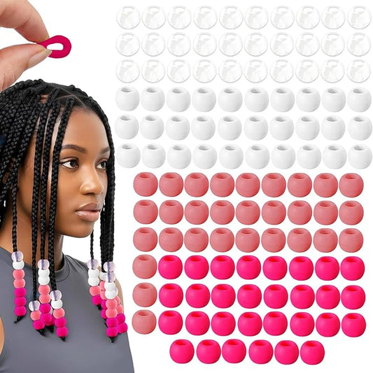 120Pcs 14mm Large Silicone Beads for Hair Braids, Soft Jellyish Hair Beads with 7mm Hole + 50 Rubber Bands and 1 Beader for Braiding, DIY Bracelets Necklaces Crafts(Rose Red)