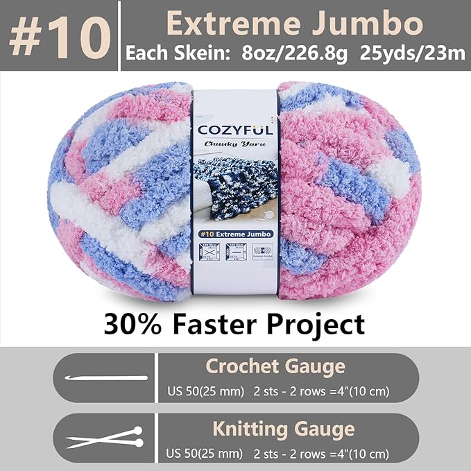 Chunky Yarn for Hand Knitting - #10 Chunky Chenille Blanket Yarn, Jumbo Big Thick Chunky Yarns for Crocheting, Tie Dye Bulky Knit Yarns, 8 Skein (25 yds 8 oz Each Skein), Purple & Grey & Sky
