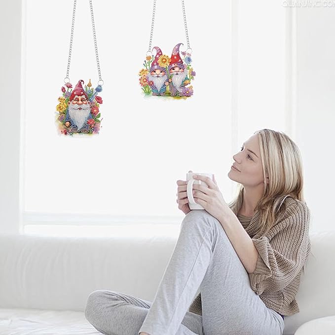 2 Pcs DIY Diamond Painting Gnome Hanging Ornaments – 5D Special-Shaped Dwarf Pendants with Floral Accents, Acrylic Window & Wall Decor Kit for Home and Gift