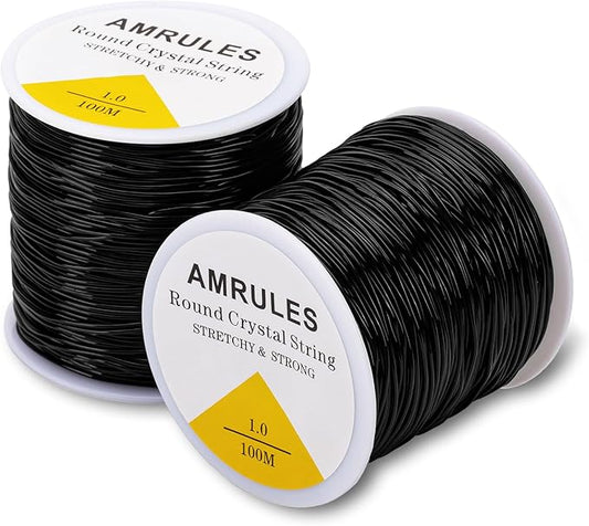 2 Rolls 1mm Elastic String for Bracelets, 656 Feet Crystal Stretchy String Clay Bead Cord for Bracelet Beading Necklace Jewelry Crafts Making, Black