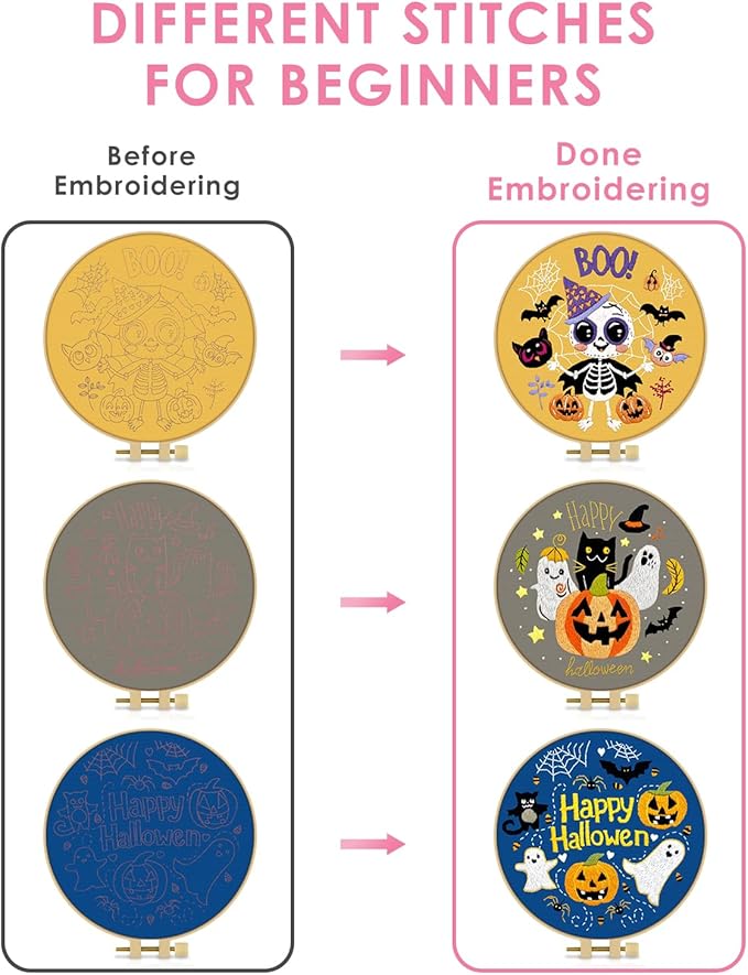 TINDTOP Halloween Embroidery Kit for Adult, 3 Pack Embroidery DIY Starter Kit, with Stamped Patterns, Hoop, Tools, Colorful Threads with Needles, Instructions