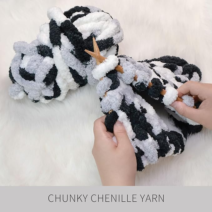 White+Light Gray+Black Chunky Chenille Yarn for Crocheting Bulky Thick Fluffy Yarn for Knitting,Super Bulky Hand Blanket,Soft Plush Yarn Crochet Carpet 8 Jumbo Pack(63.76oz/197.68yd
