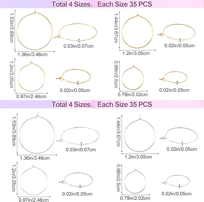 OIIKI 280PCS Earring Beading Hoops, 4 Sizes Gold/Silver Plated Hoop Earring Findings, Open Hoops, Metal Earring Rings, Round Earring Beading Decorative Accessories for DIY Jewelry Making, Parties