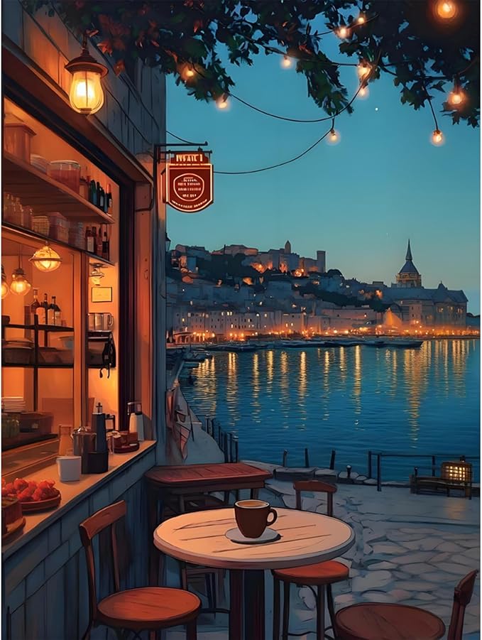 Camocin Diamond Art Kits for Adults Coffee, 5D City Landscape Diamond Painting Kits for Adults Beginners, DIY Street Full Round Dots Drill Gem Art Kit for Gift Home Wall Decor 12 x 16 Inch