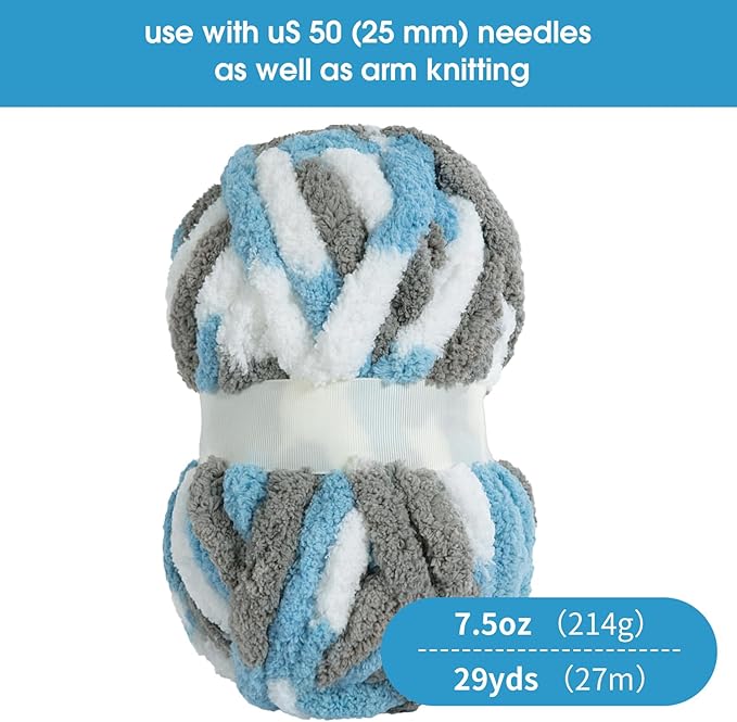 HOMBYS Chunky Tie Dye Mix Chenille Yarn for Hand Knitting, Super Bulky Jumbo Yarn for Crocheting, 3/4" Thick Soft Plush Yarn for Blankets, 8 Skein Pack (26 yds / 7.5 oz Each) Blue,Grey,White
