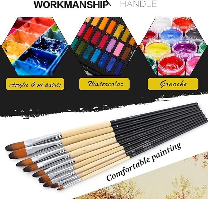 Artist Filbert Paint Brushes Set,9 Pcs Professional Painting Kits with Long Handle Soft Nylon Hair Filbert Brushes for Acrylic Oil Watercolor Gouache