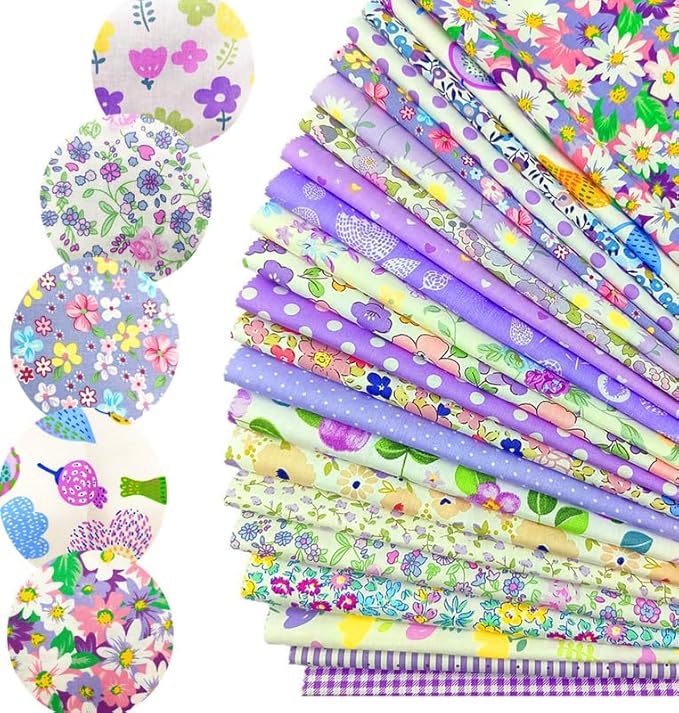 22Pcs 10" Purple Cotton Fabric Squares No Repeat Floral Charm Pack,Precut Quilt Fabric with Wavy Edges,Sewing Craft Swatches