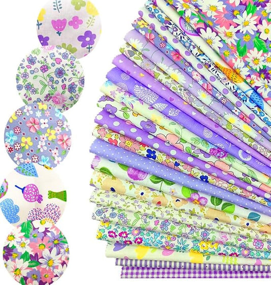 22Pcs 10" Purple Cotton Fabric Squares No Repeat Floral Charm Pack,Precut Quilt Fabric with Wavy Edges,Sewing Craft Swatches