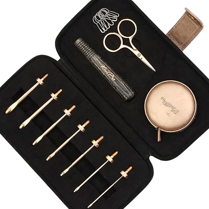 KnitPro Oasis Starter Set Crochet Hooks 2 inch Size 2.0, 2.5, 3.0, 3.5, 4.0, 4.5, 5.0 mm Interchangeable, Stitch Markers, Measuring Tape & More, Fabric Case with Project Bag