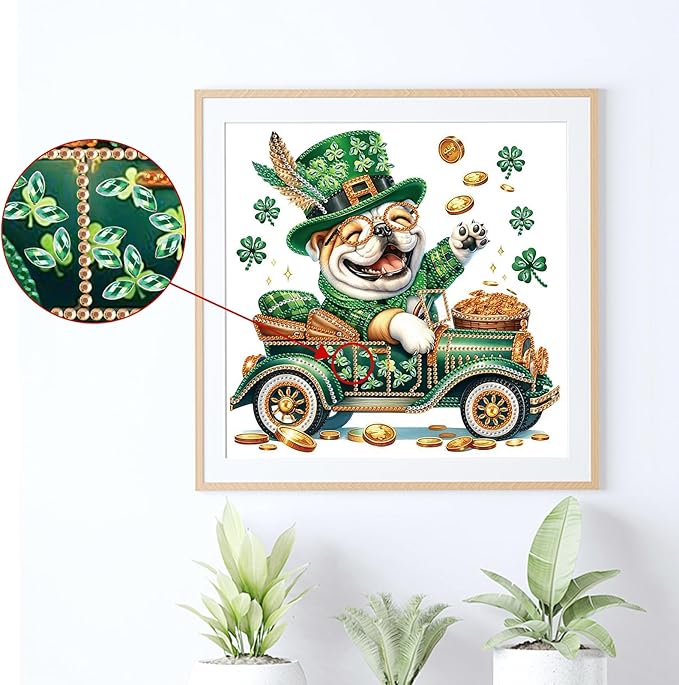 MVVMTOP Diamond Painting Kit St Patrick’s Day Dog Shamrock Lucky Coins Special Shaped 5D Partial Crystal Diamond Art DIY Wall Decor Gift